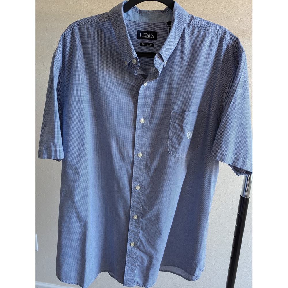 Chaps Mens XXL Blue Gingham Short Sleeve Button Down Shirt Easy Care Micro Check